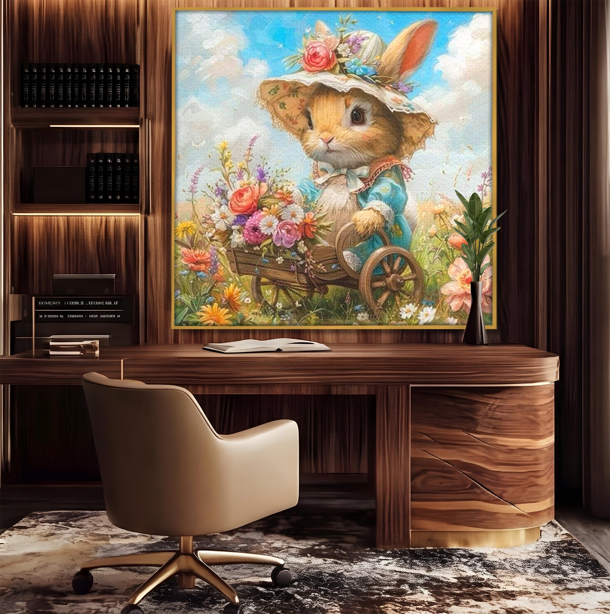 Tablou canvas cu tablou canvas cu iepuras purtand palarie, in rama de aluminiu auriu, pe perete intr-un birou